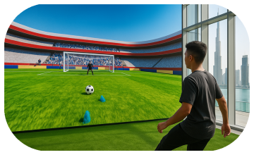 Guests playing a digital soccer penalty shootout game at an event, featuring real-time scoring, interactive gameplay, and customizable branding in the UAE